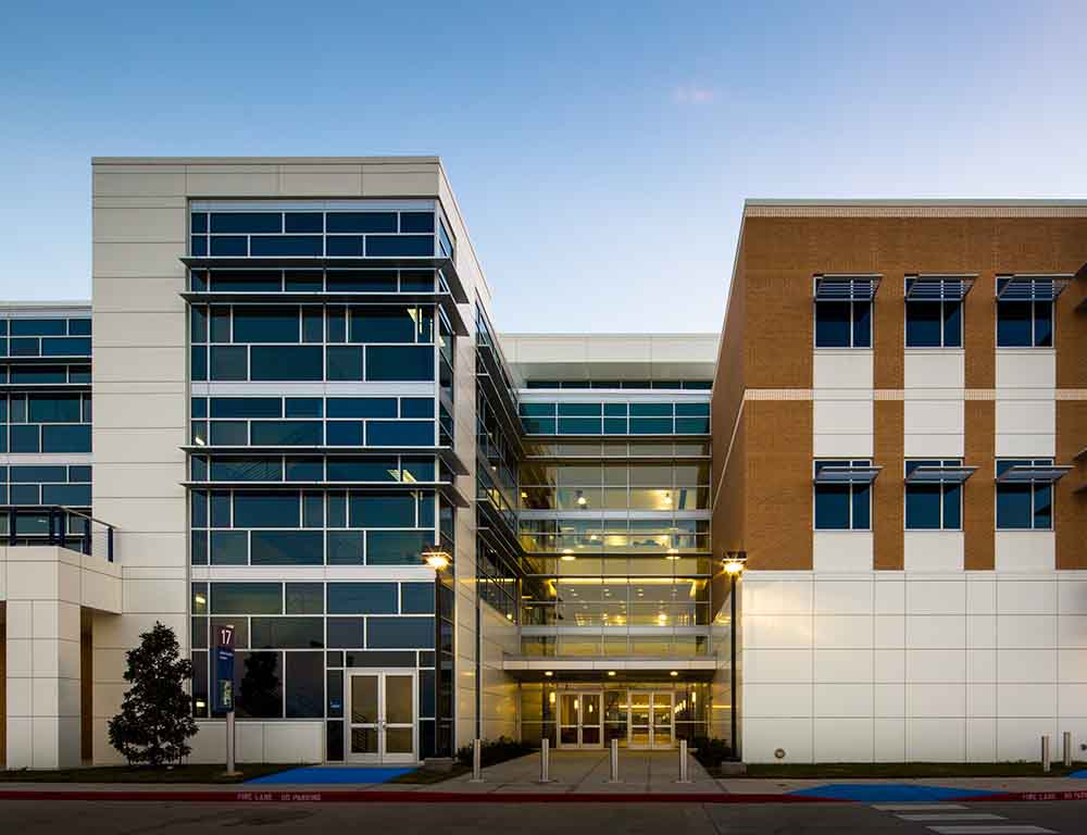 outside view of San Jacinto College North Campus' Allied Health building .